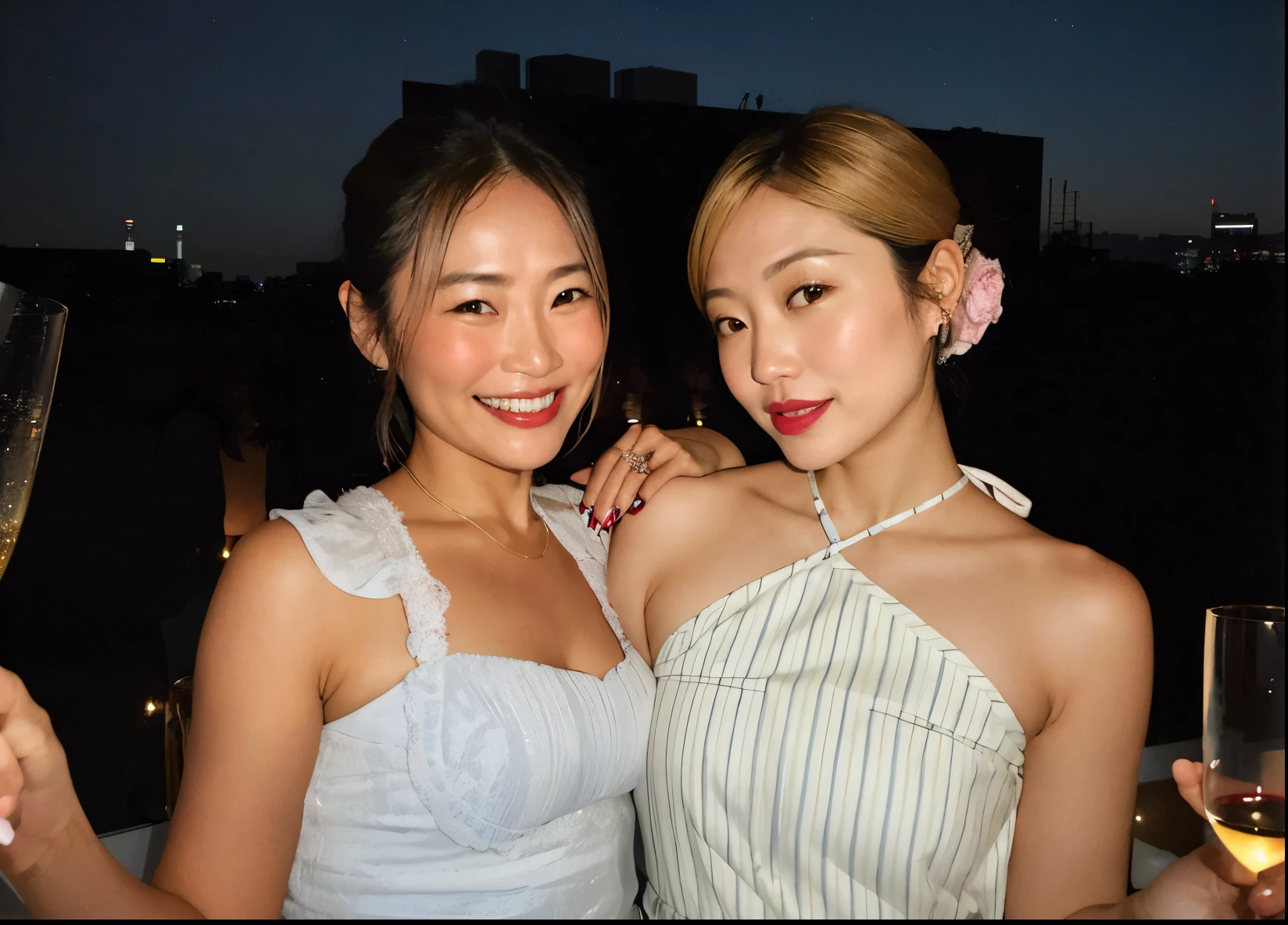 two women standing next to each other holding glasses of wine, Ayami Kojima e Lyde Caldwell, Yoshitomo Nara e Aya Takano, on rooftop tokyo night, gemma chen, Nixeu e Sakimichan, com hera, Fiona Staples e Kinu Nishimura, on future tokyo night rooftop, Zeen Chin e Terada Katsuya