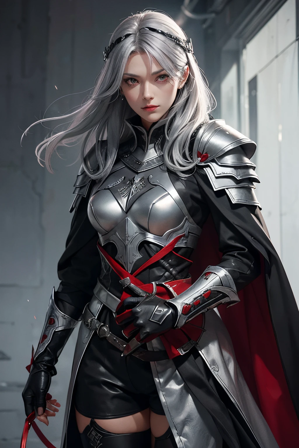 Assassin,silver and gray hair,silver and black and red helmet close face,grey eye,black costume,silver armor,red short cloak,red and silver glove