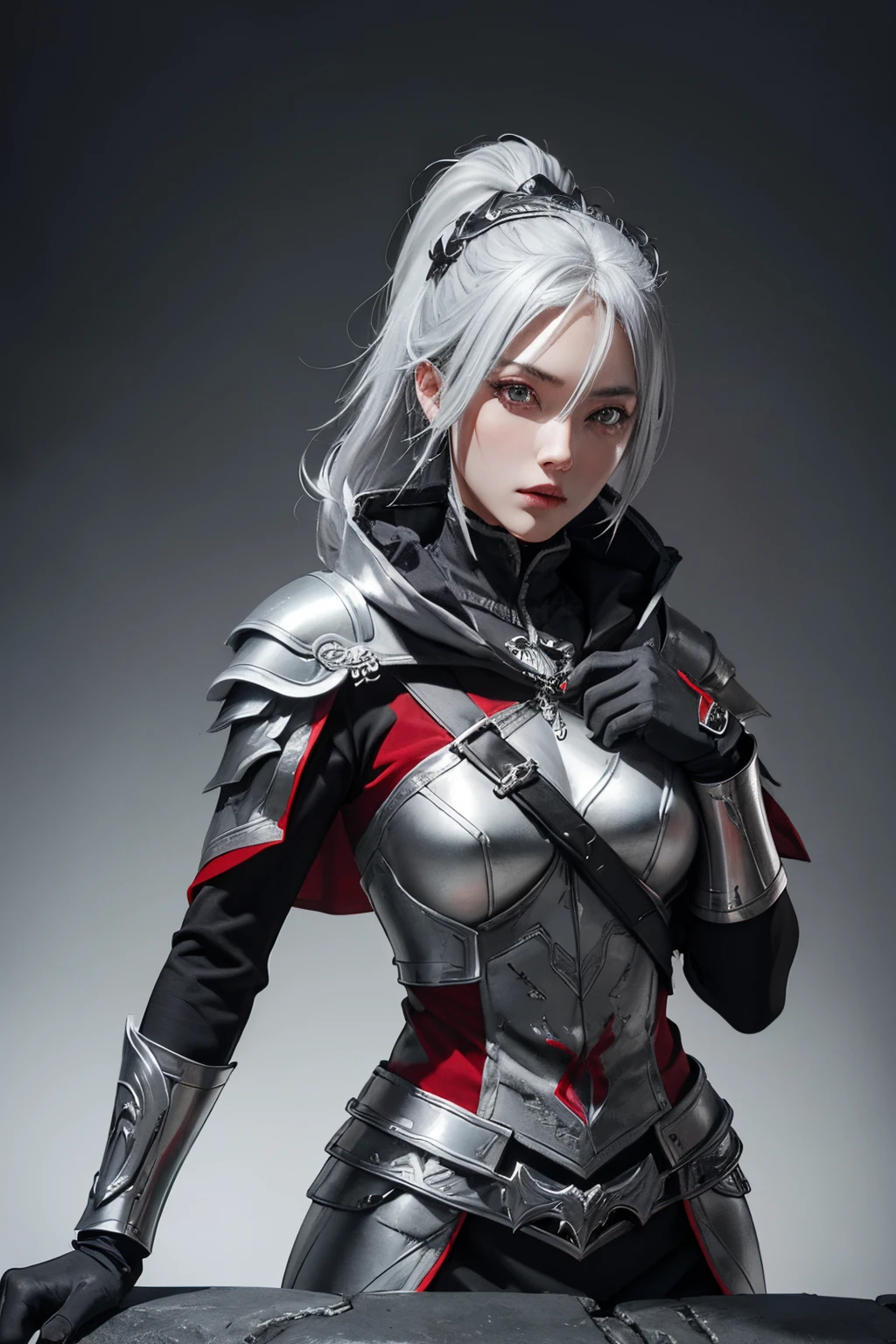 Assassin,silver and gray hair,silver and black and red helmet close face,grey eye,black costume,silver armor,red short cloak,red and silver glove