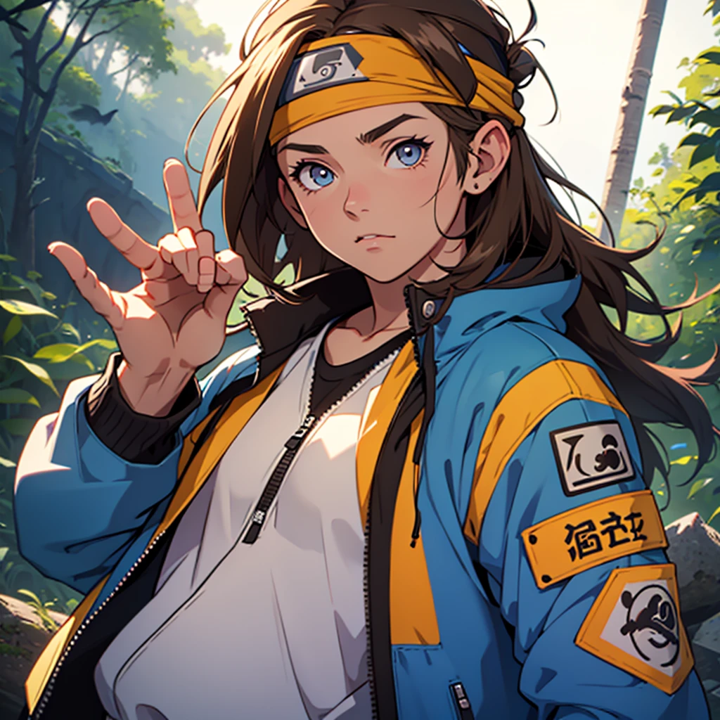 A European looking girl with messy straight brown hair, Handsomer, High quality picture, With Naruto headband With beaver symbol, Blue jacket, 4K quality, In the nature, both eyes clear, alone