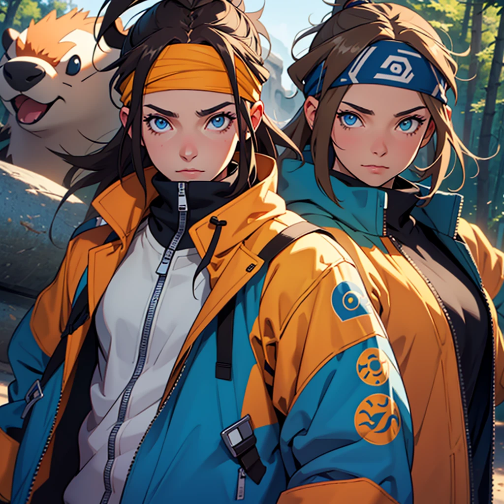 A European looking girl with messy straight brown hair, Handsomer, High quality picture, With Naruto headband With beaver symbol, Blue jacket, 4K quality, In the nature, both eyes clear, alone