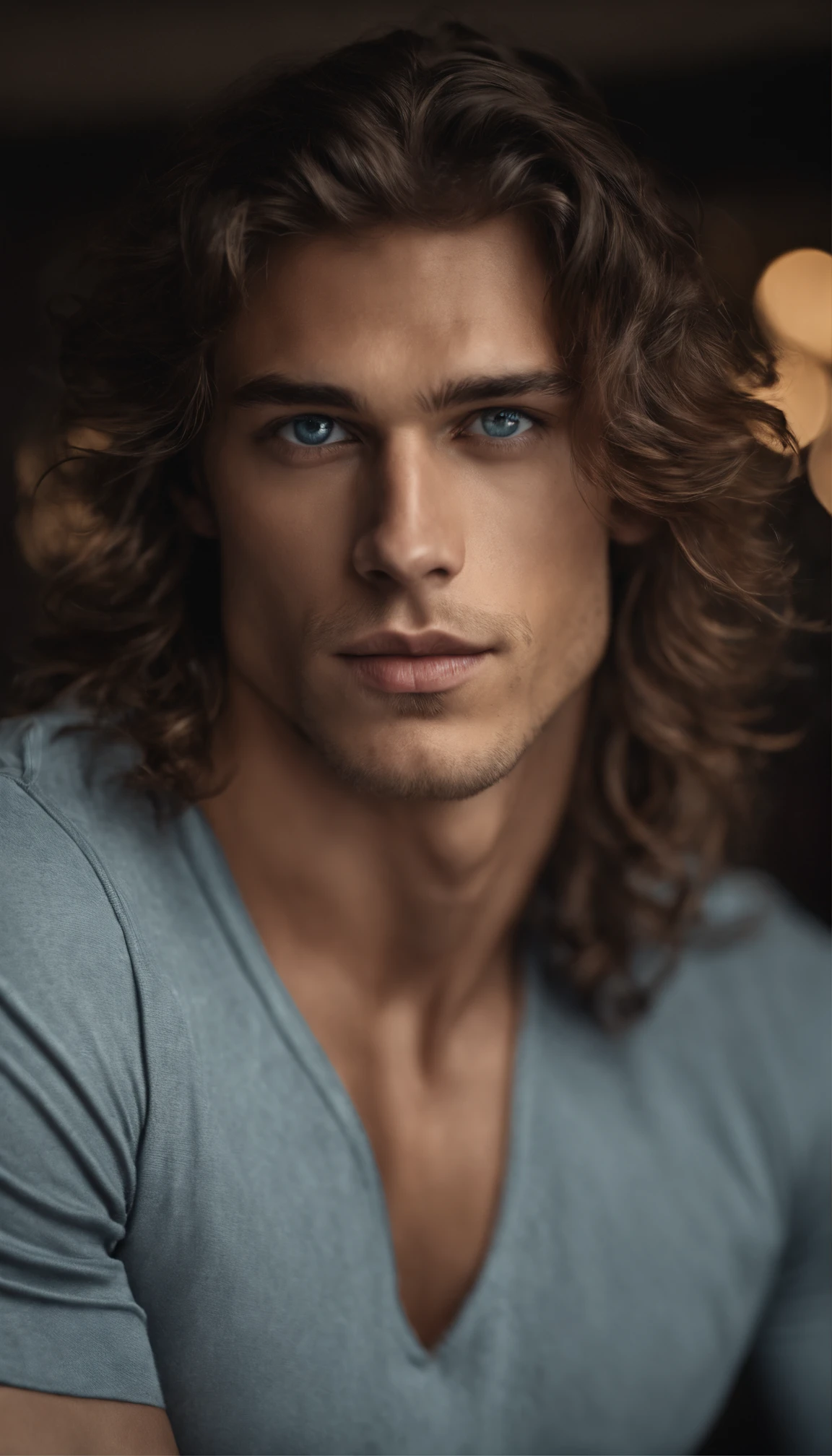 Portrait of a handsome male model, 20 years old, shirtless, with no beard, with dark and messy wavy hair, super light blue eyes, thick lips, defined muscles, fit, ripped body, close up, ultra high detailed face, realistic, Darmatic lighting, fraca light