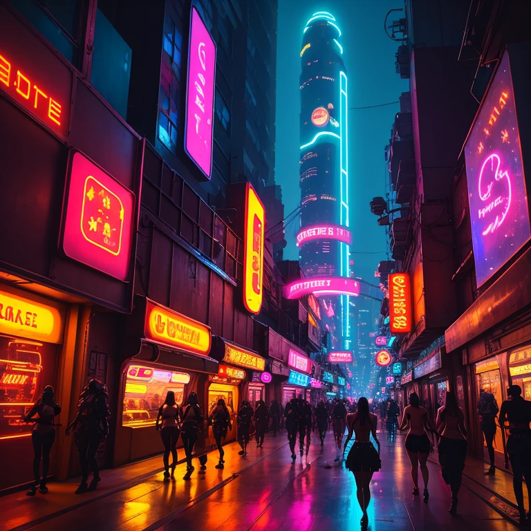 Space station, pleasure district. Naked women in windows dancing and posing. People walking and bystanders on the street. Neon signs. Glowing lights. Dark, trunk, cyberpunk.