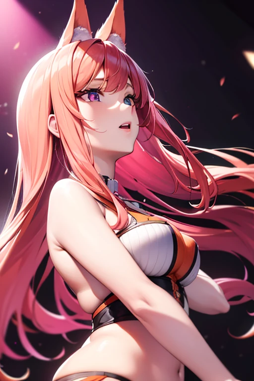 A pink haired woman with violet eyes is singing with an orange haired man with orange eyes with orange fox ears