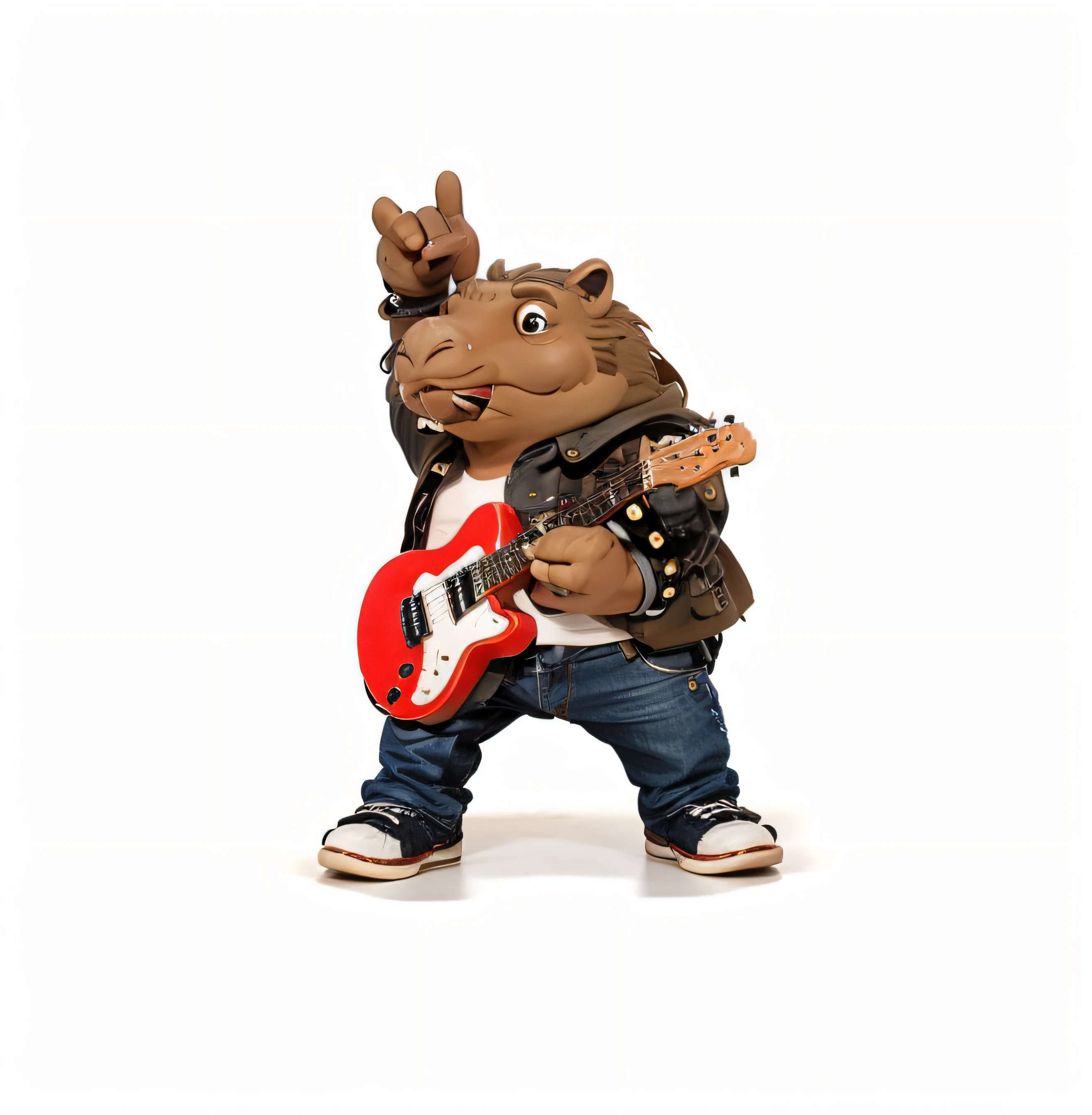 alta qualidade, pixar 3d style rico em detalhes, capivara de pelos marrons , Denim Jeans Pants, jaqueta de couro preta, usando pulseiras, brincos e colares. Large ones are also visible. The photo is a close-up of the face, com clivagem, olhos preto, e uma vibe rock n roll.