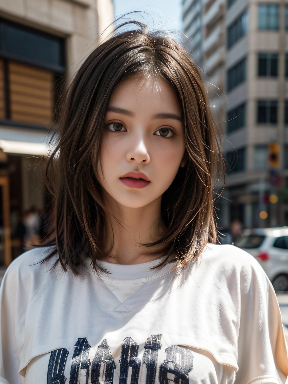 23 years old girl, (long layered haircut:1.4), big eyes, white oversize sweatshirt, oversize_shirt, city street, close up, (photorealistic:1.2), (ultra realistic:1.3), (very detailed:1.1), ((masterpiece)),