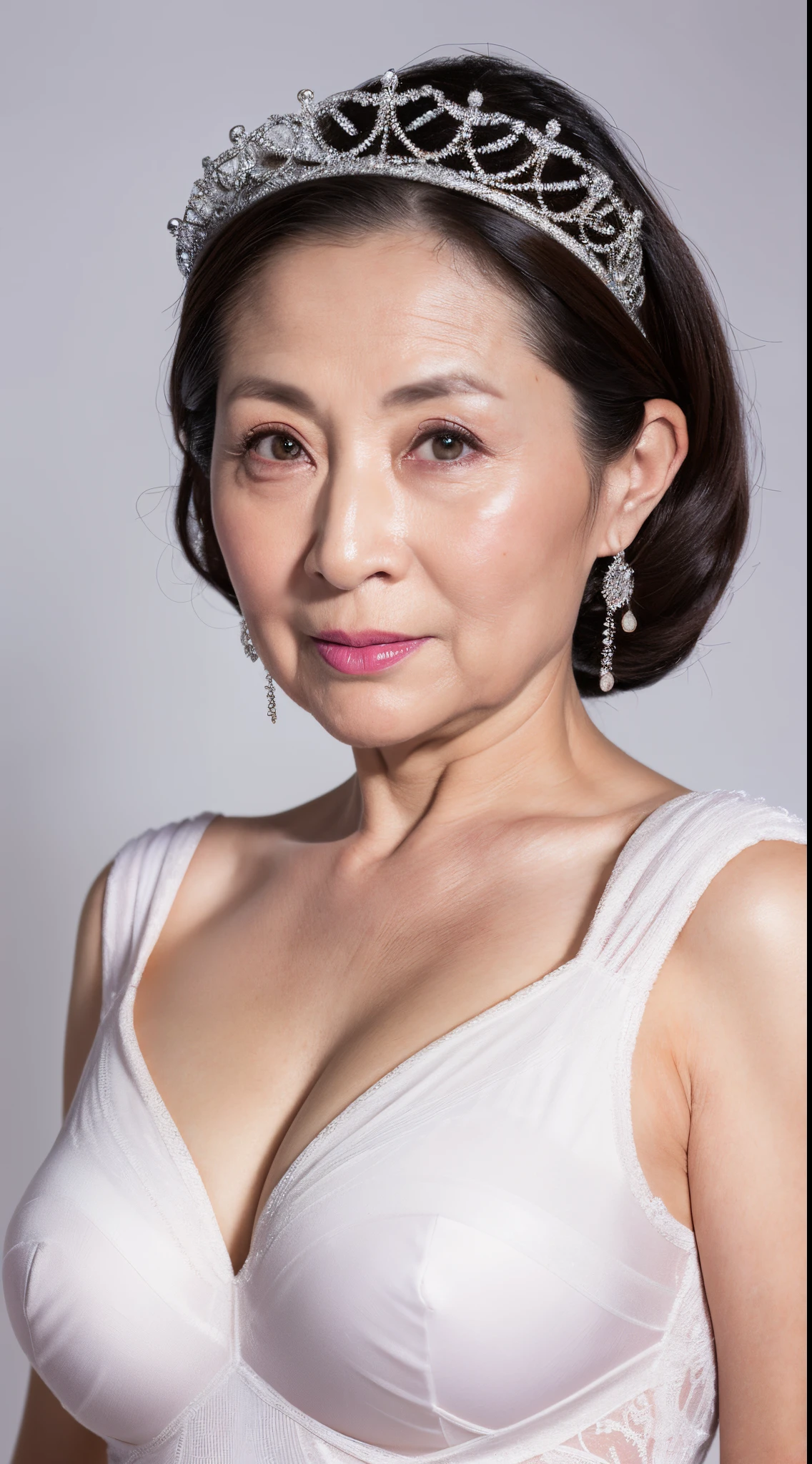 Remove Background, gravure, facing front, Wearing a tiara, from the chest up, masterpiece, Best Quality, Ultra-detailed, Photorealistic, super detailed skin, Perfect Anatomy, (1 japanese mature woman), (Solo), 95 years old, Large breasts, Mature Woman Politician, glamor, A sexy, Chromo-white skin, Looking at Viewer