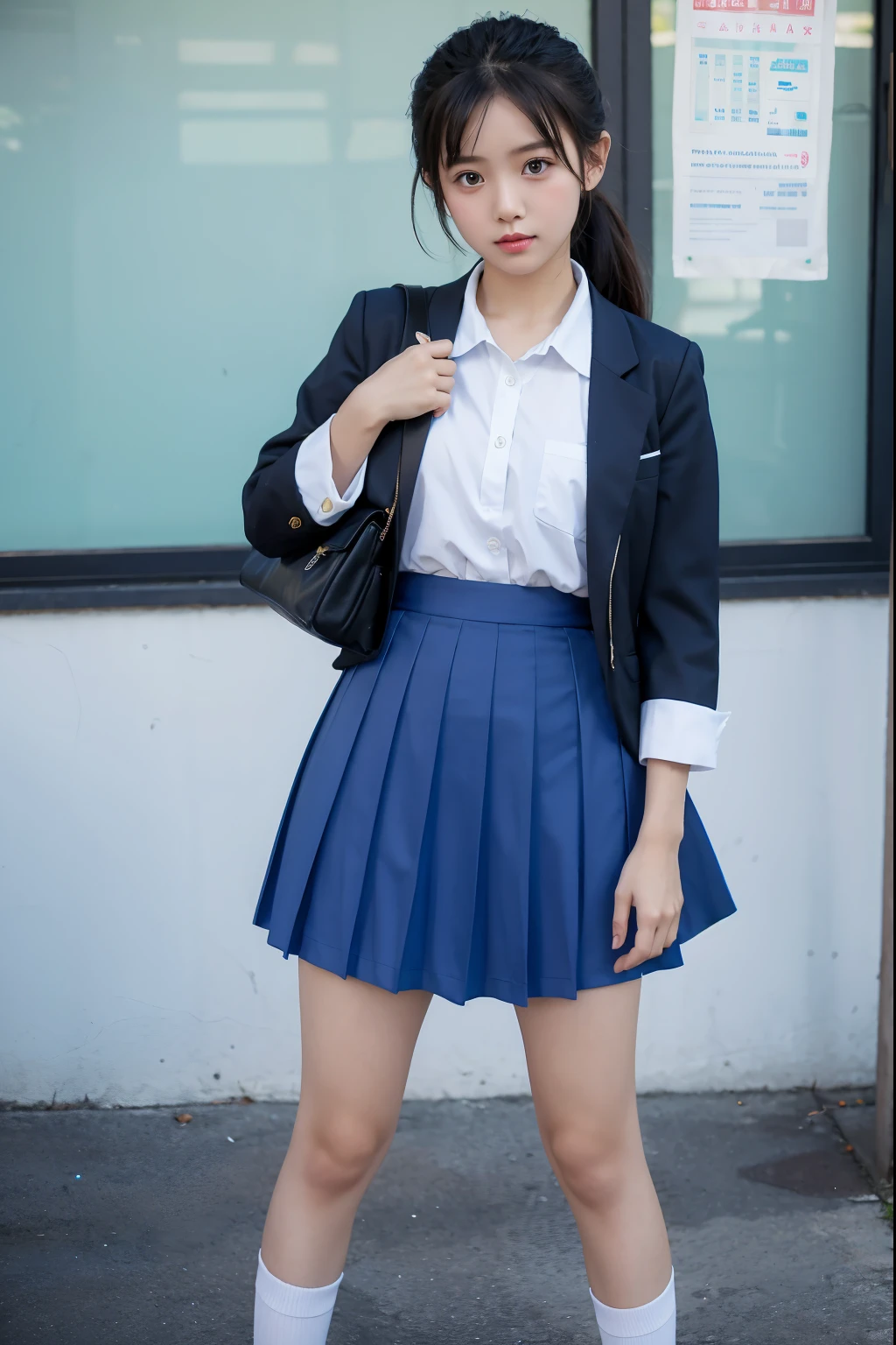 Blue very short school skirt, white Thai school uniform,cute girl, standing