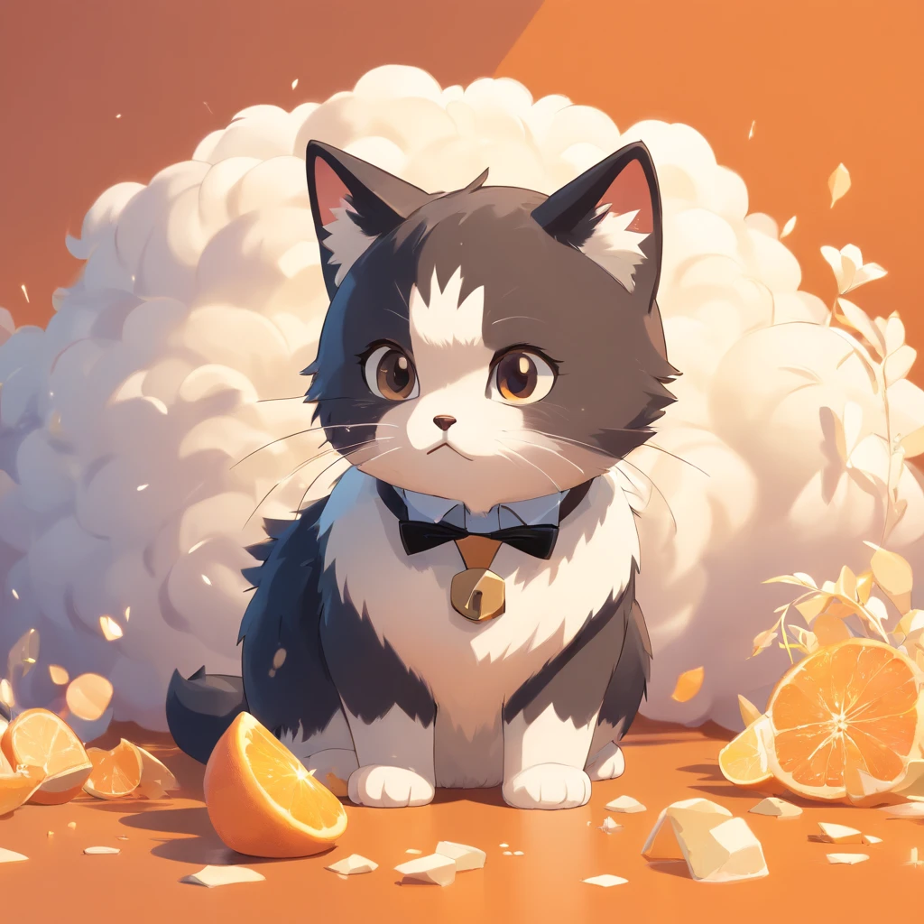Cute isometric cat emoticon, tuxedo jack, black and white cat, Fluffy and cute, The cat raises its head and meows,Frontal camera looking down ,Pastel gold background, soft and muted colors, 3d icon clay render, springtime: 120mm, 3d blender render, Trending on Polycount, modular constructivism, Orange background, physically-based renderingt,