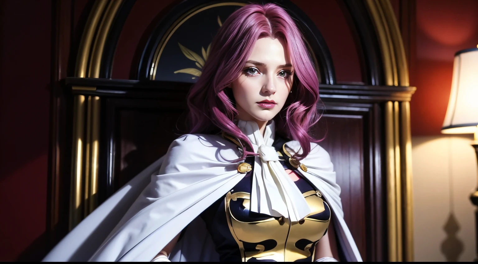 CosmiEyes, British, cornelia_li_britannia, huge breasts, solo, standing, cornelia_military_uniform, cornelia_white_cape,, masterpiece, best quality, detailed face, detailed eyes, highres,