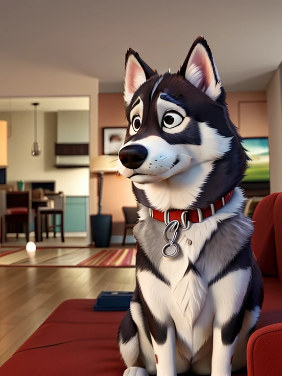 arafed dog sitting on a red couch in a living room, husky dog, sitting on the couch, husky, looking defiantly at the camera, proud looking away, staring directly at camera, looking to his side, staring at the camera, looking away from the camera, looking directly at the viewer, sitting on couch, staring into the camera, proud serious expression