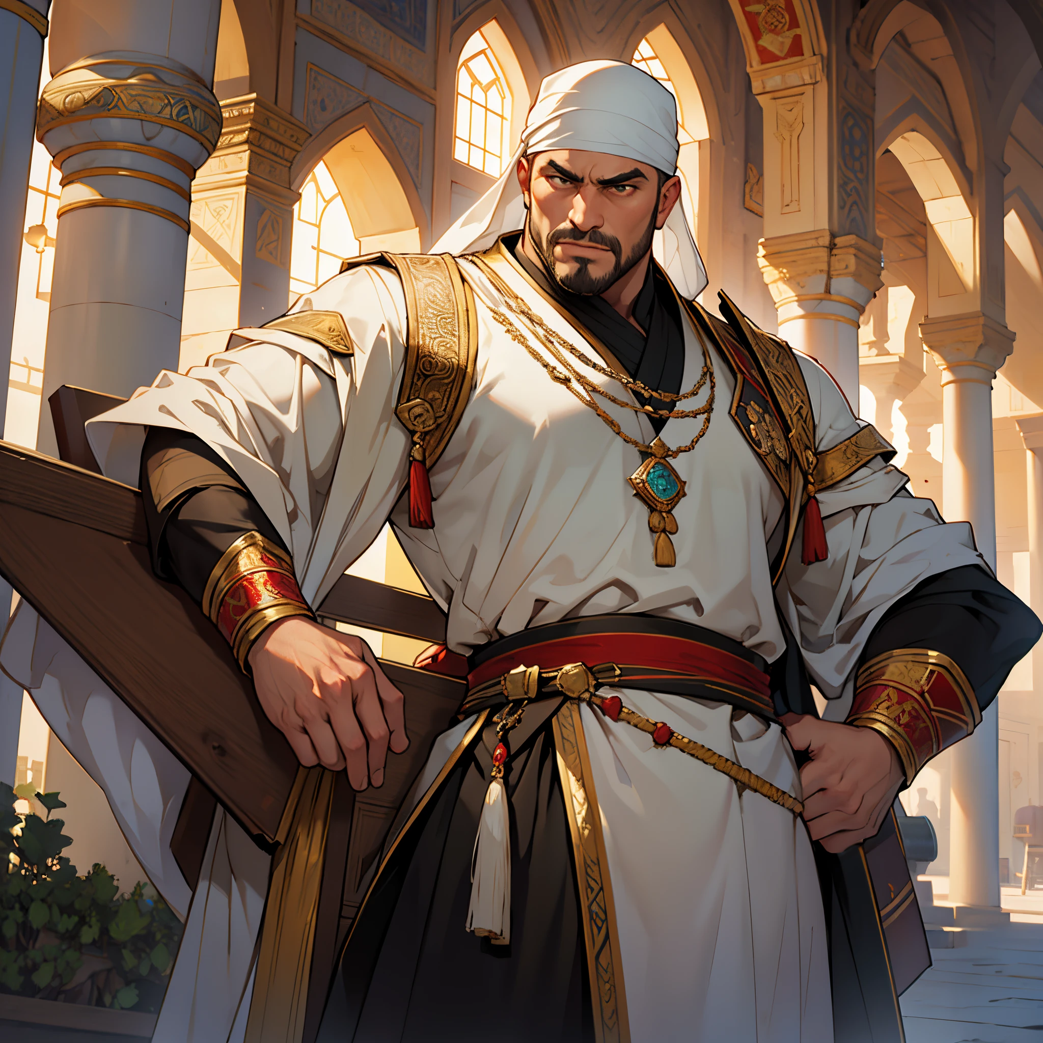 masterpiece, Best Quality, perfect work, 4k, Large middle-aged warrior of the Ottoman Turks(1 person), Background with: Background with: Inside the mosque with light coming in,