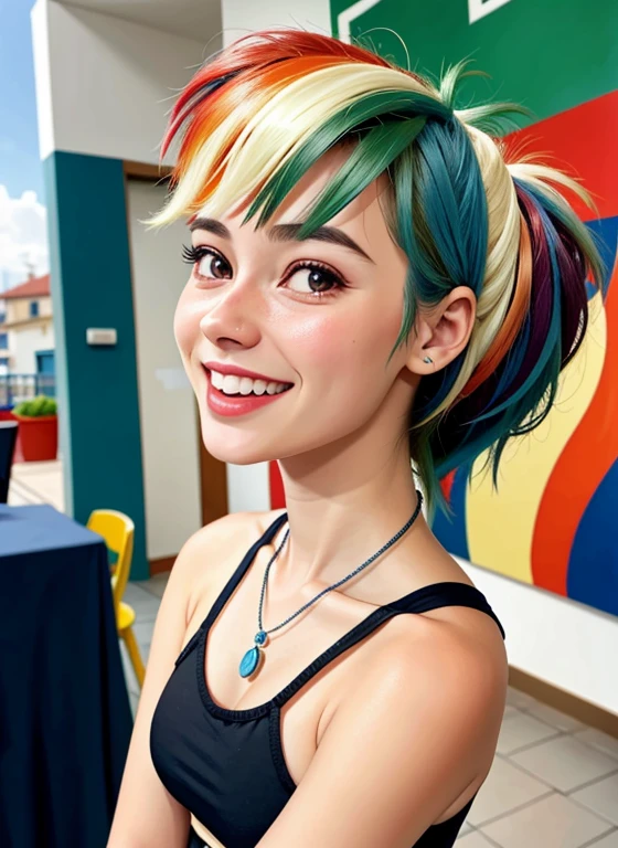 1girl, Obra maestra, (Antecedentes detallados), La mejor calidad, absurdos,
sonrisa afectada, calle, Tienda, corriente, boca cerrada, desde abajo,
mlpdash, personification, cabello multicolor, piel coloreada, piel azul,