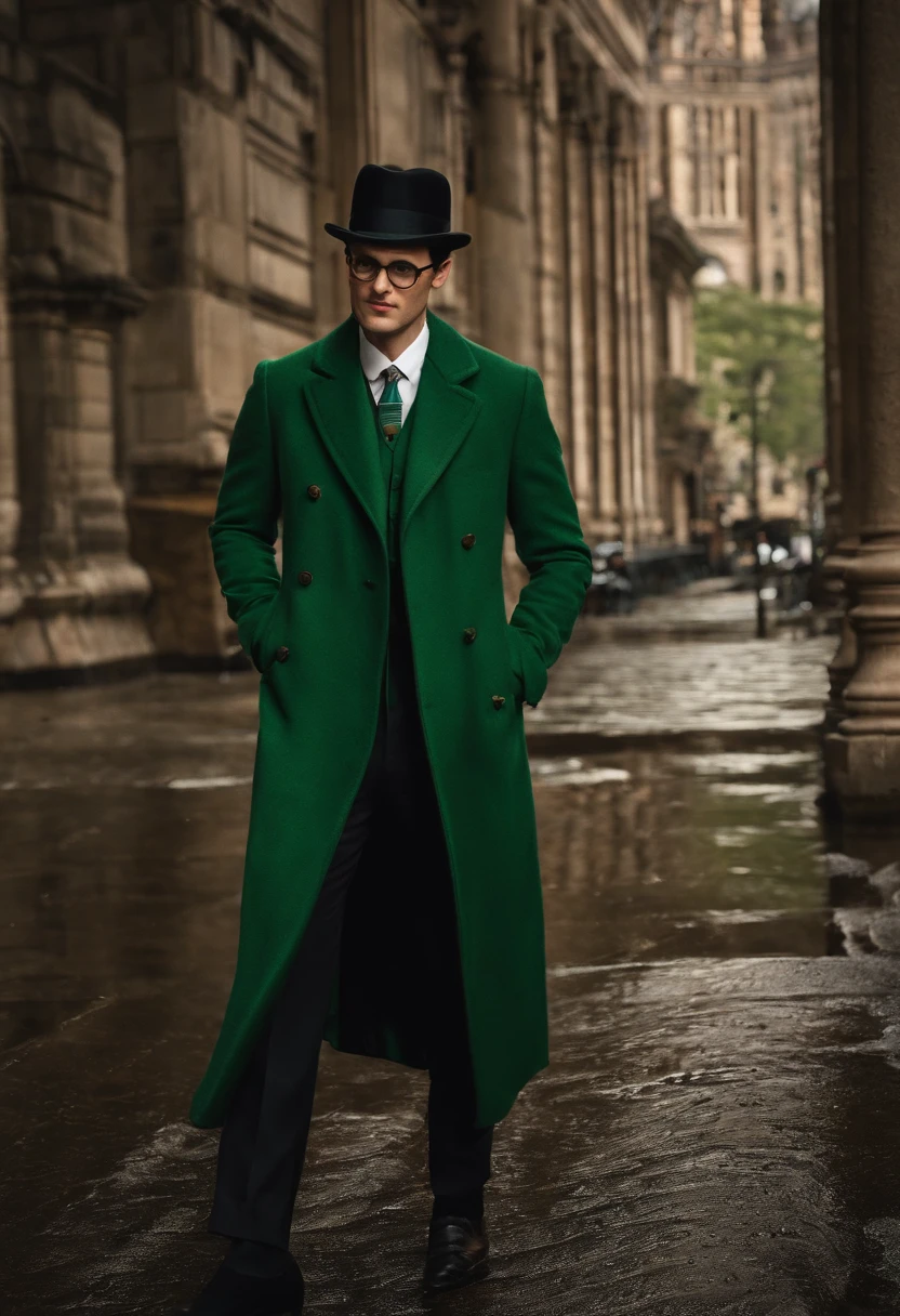 A vintage pocket watch with intricate engravings and a mysterious ticking mechanism,Batman,Ed is tall with neat black hair, glasses, wears a green suit, wears a bowler hat, famously portrayed by Cory Michael Smith, male