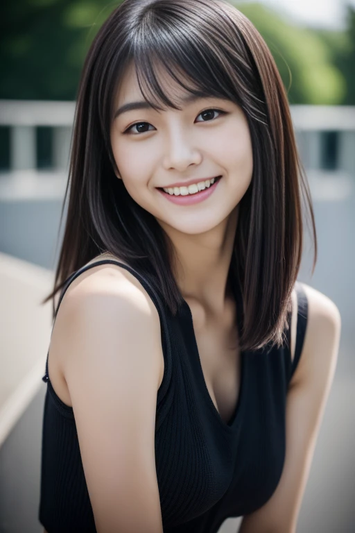 Close up of woman posing for photo, Japanese Models, Beautiful Asian Girl, 20-year-old female model, 4K、bangss、A dark-haired、bobhair、Middle hair、(Tank Tops、Onepiece:1.2), (Super cute face in idol style:1.2)、slim and beautiful figure、Beautiful breasts、A smile、