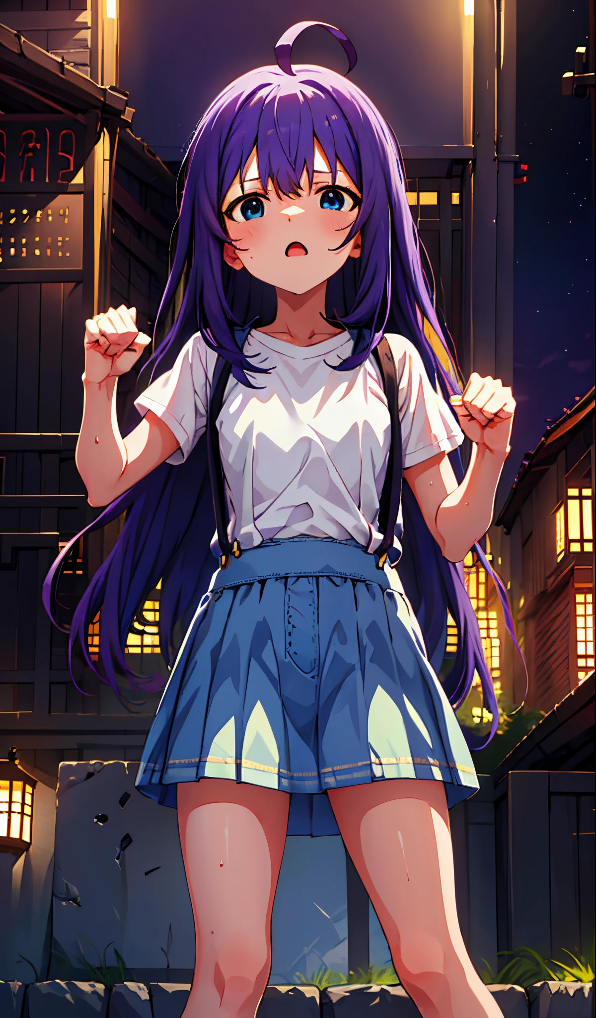 {{{{{mochizuki anna}}}}},1girl,solo,long hair,purple hair,small_ahoge,blue eyes.short stature.white t-shirts.suspenders.skirt.(((masterpiece))).(((best quality))).((ultra-detailed))).(((illustration))).night view.small Breasts.fighting stance