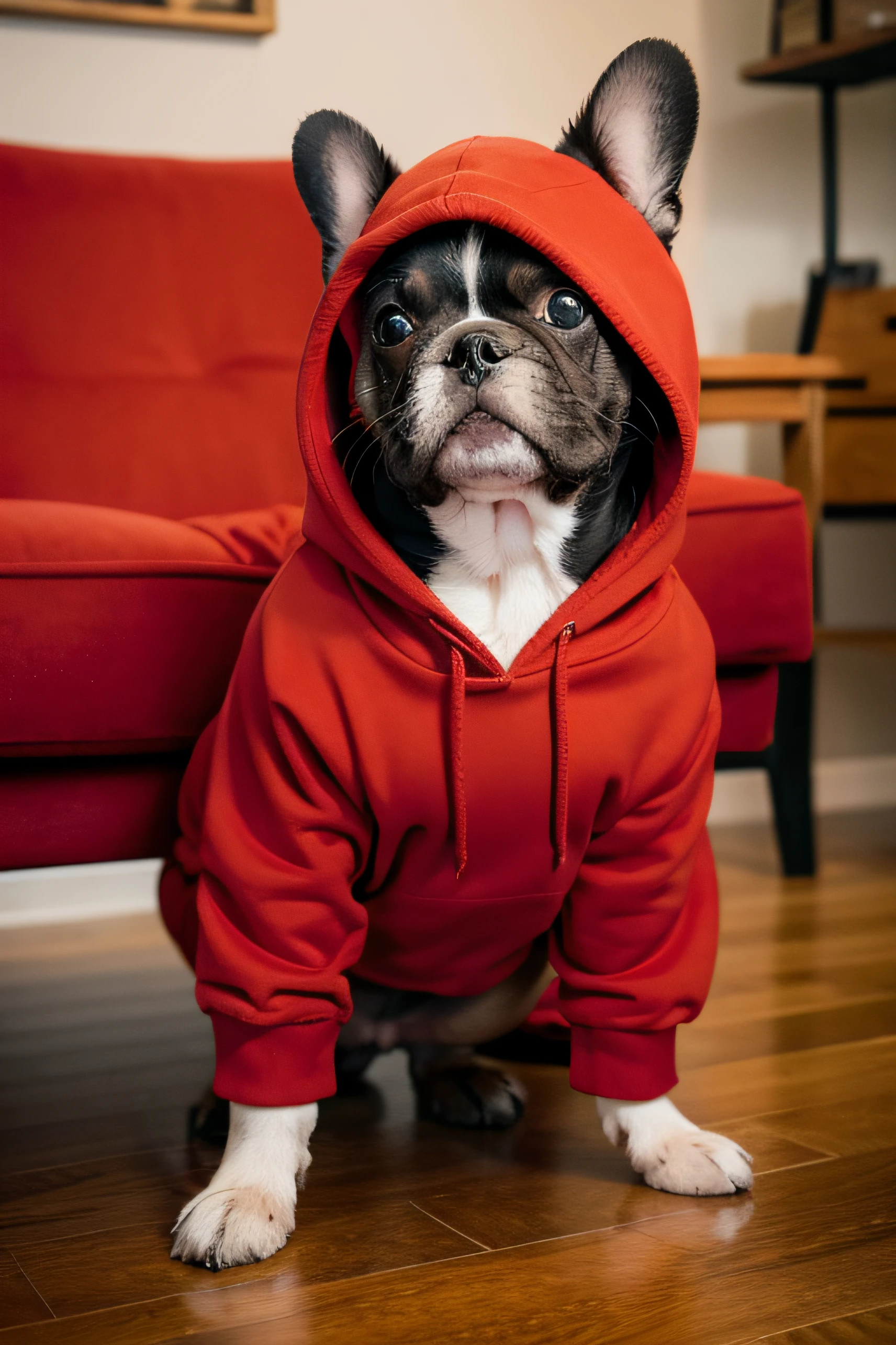 Cute french bulldog wearing red hoodie