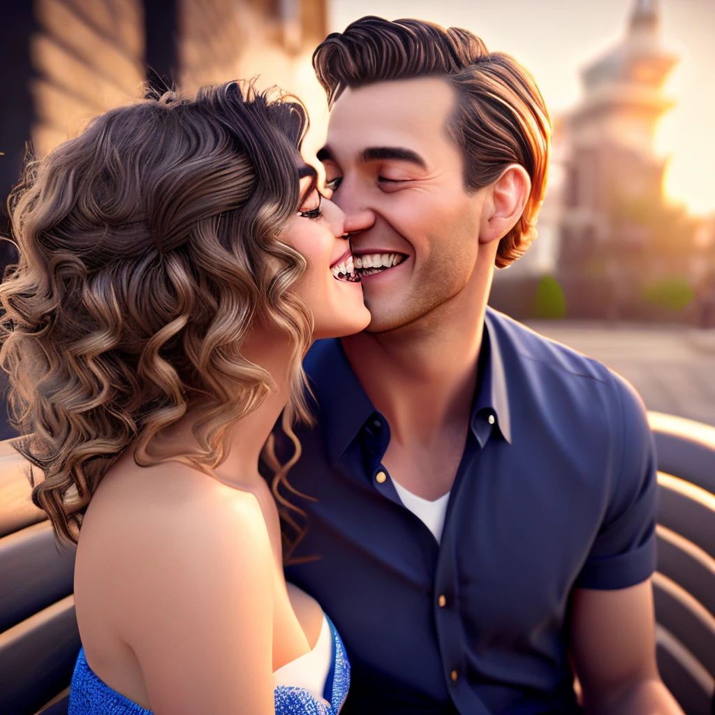 Disney Pixar of a couple, Dark outside, man and woman sitting on bench, man on left of woman, woman has wavy dirty blonde hair, wearing short strapless navy dress, kissing man’s cheek, man wearing black button up and black pants, man has brown fluffy hair in front, no beard, man smiling at camera 3D image