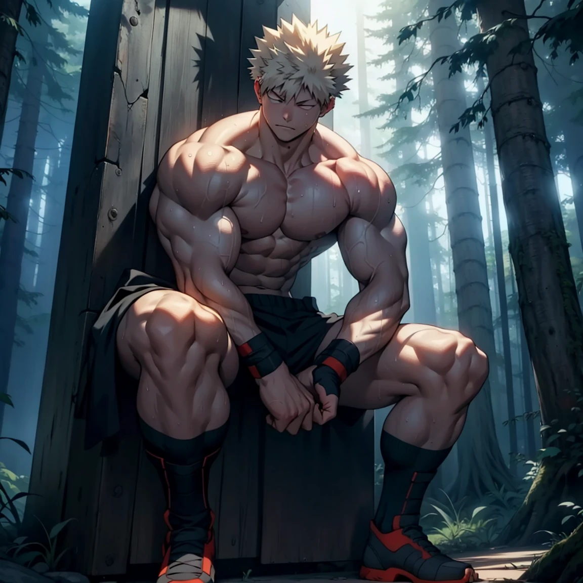 1boy, Bakugou shirtless on the throne and fit , sweating, detailed good lighting, full body, sky and forest in the background