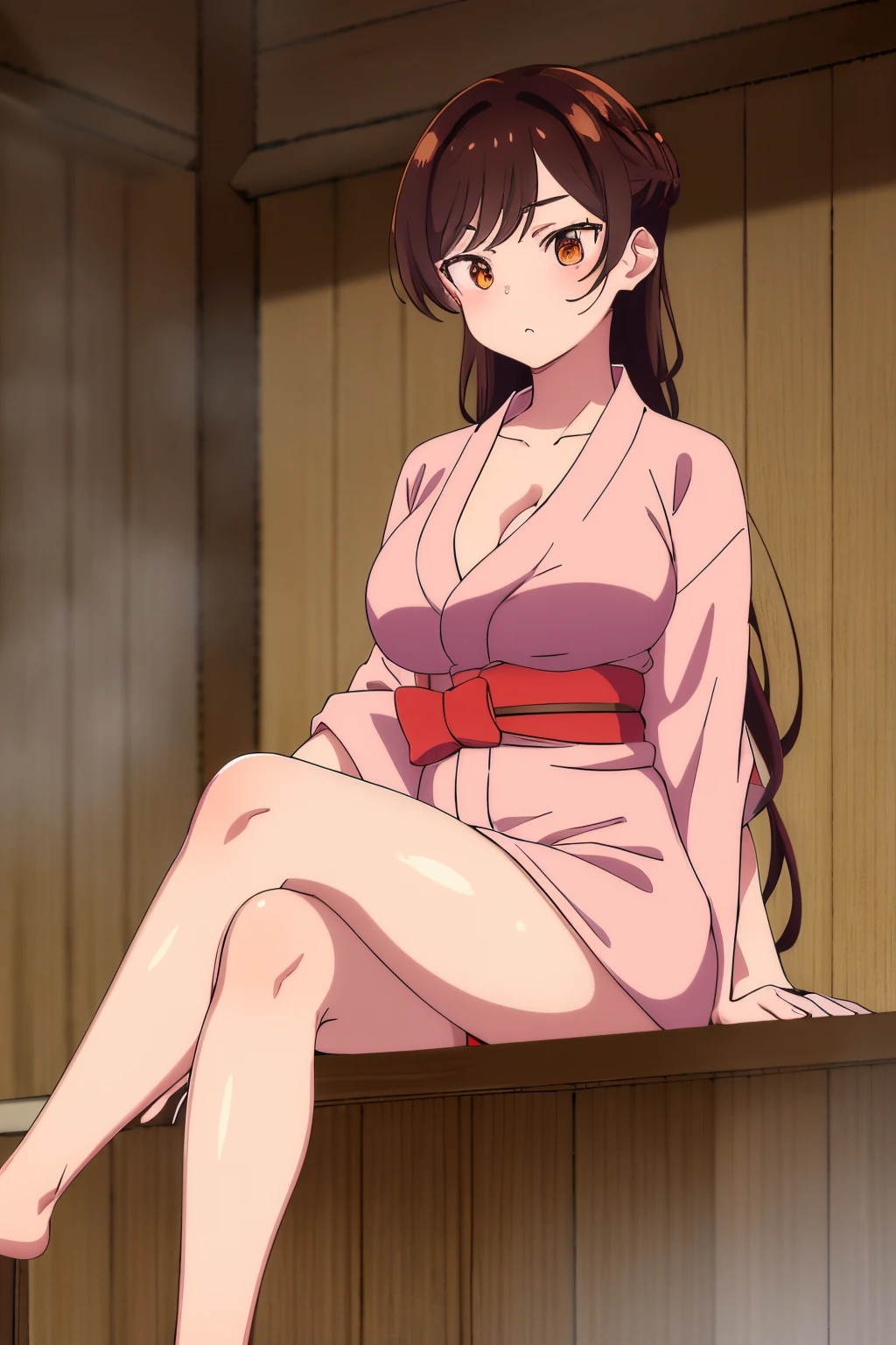 Pov (from below)Masterpiece, Best quality, High resolutions, chi1, 1girl, single, Long hair, braid, one side up, Only, Japanese clothing, kimono, pink kimono, neckline, vertical red stripes, sauna, Hand in lifting the kimono in the underwear part, sitting legs open, large breasts, medium waist, wide hips, medium thighs