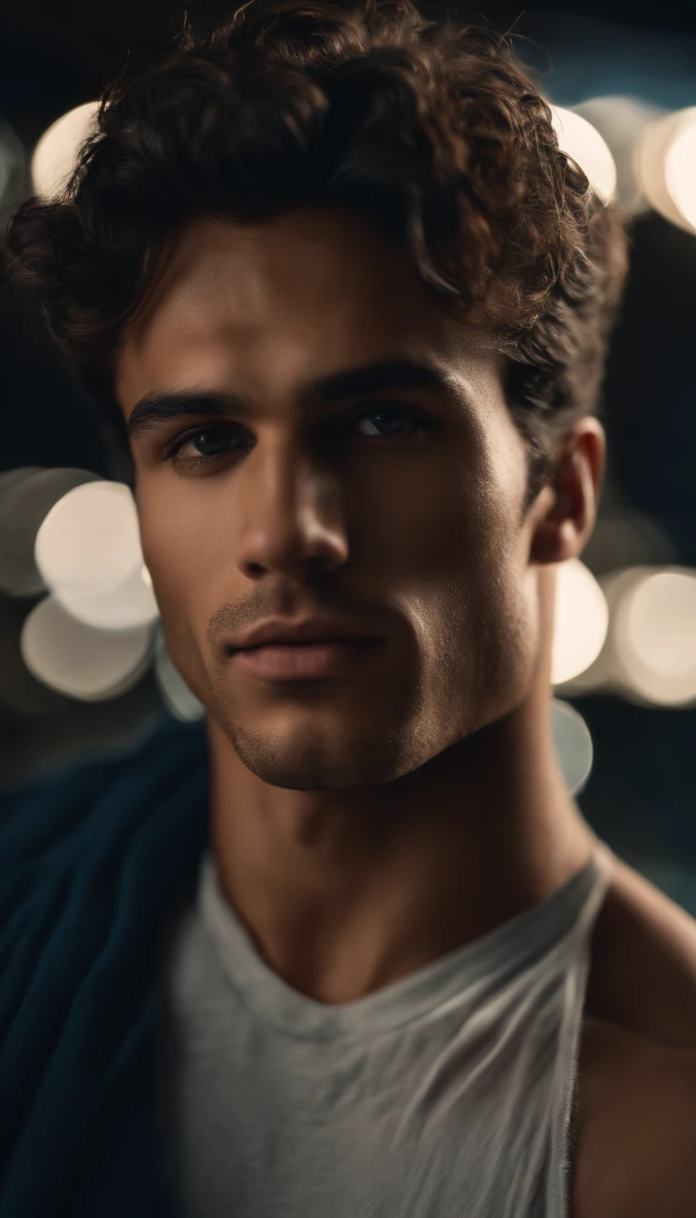 Portrait of a handsome latin male model, 20 years old, shirtless, with no beard, with dark and messy wavy hair, super light blue eyes, thick lips, defined muscles, fit, ripped body, close up, ultra high detailed face, realistic, Darmatic lighting, fraca light
