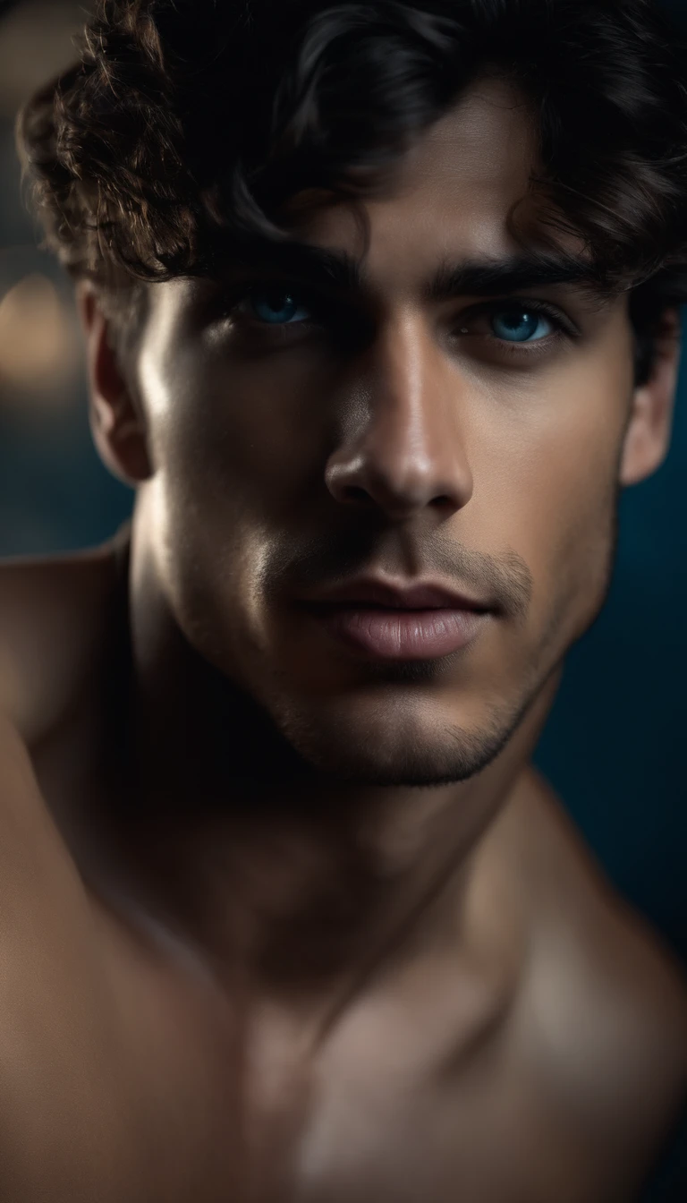 Portrait of a handsome latin male model, 20 years old, shirtless, with no beard, with dark and messy wavy hair, super light blue eyes, thick lips, defined muscles, fit, ripped body, close up, ultra high detailed face, realistic, Darmatic lighting, fraca light