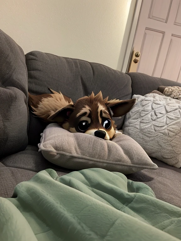 there is a dog laying on a couch with a blanket, relaxing on the couch, resting on a tough day, laying back on a pillow, sitting on the couch, relaxing after a hard day, resting after a hard fight, he is very relaxed, resting on a pillow, sitting on couch, resting after a hard mission, relaxing on a couch
