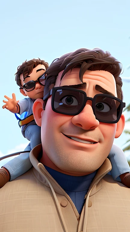 there is a man with sunglasses holding a baby on his shoulders, vacation photo, looking up at the camera, caring fatherly wide forehead, looking up at camera, cool dad vibes, very very low quality picture, daddy/fatherly, very silly looking, taken in the early 2020s, headshot profile picture, christian orrillo, father with child