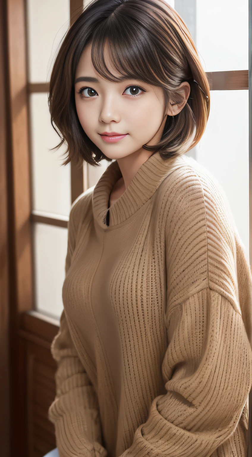 (highest quality、8K、16k、masterpiece、realistic、Super detailed、Beautiful in every detail、ray tracing)、photograph、
in a hotel room、
beautiful asian woman、japanese woman、30 year old female model、whole body、Wearing a sweatshirt、No make-up、mask、close your eyes、
(detailed face、golden ratio of beauty)、gentle smile、detailed lips、fine eyes、brown hair、bob hair、Idol style super cute face、Slim and beautiful body、beautiful breasts、Glossy skin、