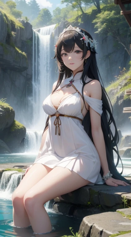 Anime girl in a white dress sitting in the water with a waterfall in the background, anime goddess, a beautiful fantasy empress, artwork in the style of guweiz, beautiful alluring anime woman, Trending on CGSTATION, guweiz, A beautiful maiden, goddess of Japan, Very detailed ArtGerm, guweiz masterpiece, ruan jia and artgerm, Smooth Anime CG Art