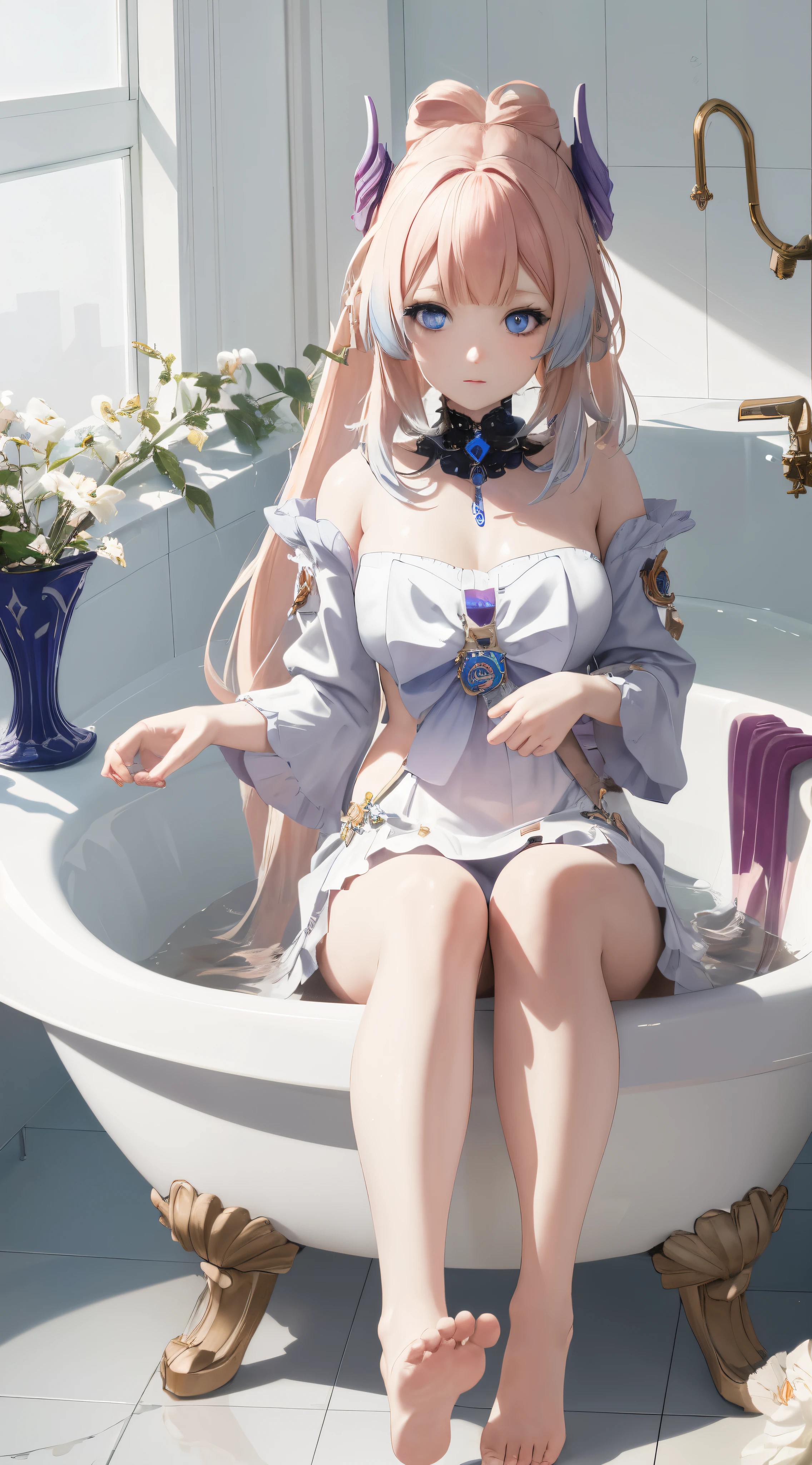 (((Height 153 cm))),(big boobs)((Huge round breasts,No sagging,Very upturned)),(((Little Lori))),The skin is as white as wearing white stockings,She faces the observer(Young,immature,cuddly),Leggings,Innocent face,(Big breasts are quite rounded,Quite upturned firmness),She has a small crimson-orange phoenix tattoo in her intimate area,Lie in a bathtub filled with milk with your legs open,The chest faces the audience,super high resolution,Lifelike,best quaity,wallpaper,Overlooking,standing alone,no shoe,Snow-white skin,Perfect skin details,Smooth and delicate skin, (8K,animetic,best quaity,skilled),(Photon mapping,Radiometry,physics-based rendering,Auto white balance),(Small but delicate),Long silver hair,Slim body,immature,Slender and tender legs,Small feet of 20 cm,White nightdress,(The lower body is only wearing white transparent pantyhose),(Full body picture),(Only the right ankle is inlaid with a jade bracelet)