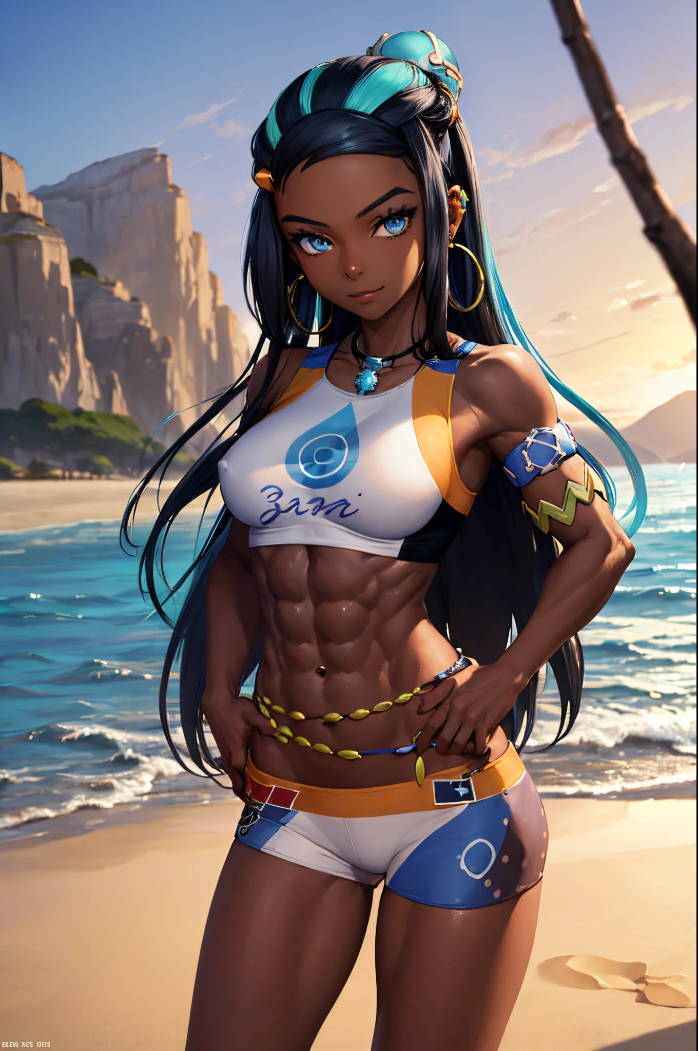(masterpiece, best quality:1.2), cowboy shot, solo, 1girl, nessa, dark skin, dark-skinned female, slight smile, looking at viewer, hand on hip, single hair bun, swimsuit, bikini, jewelry, necklace, earrings, belly chain, armlet, midriff, beach, (abs:1.5)