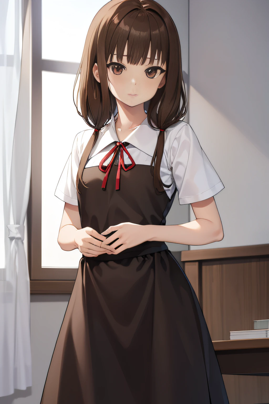 Mykoino, Yoshiko Iino, Blunt bangs, (Brown eyes:1.5), Brown hair, hair tie, Long hair, low twintails, Red Ribbon, bow ribbon, Twin-tailed, (tiny chest:1.2),
BREAK black dress, Dress, pinafore dress, School uniform, Shirt, Short sleeves, Uniform of Shunaiin Gakuen, White shirt, arm band,
BREAK looking at viewer,
Break indoors, crass room,
BREAK (masutepiece:1.2), Best Quality, High resolution, Unity 8k壁纸, (Illustration:0.8), (Beautiful detailed eyes:1.6), extra detailed face, Perfect Lighting, extremely details CG, (Perfect hands, Perfect Anatomy),