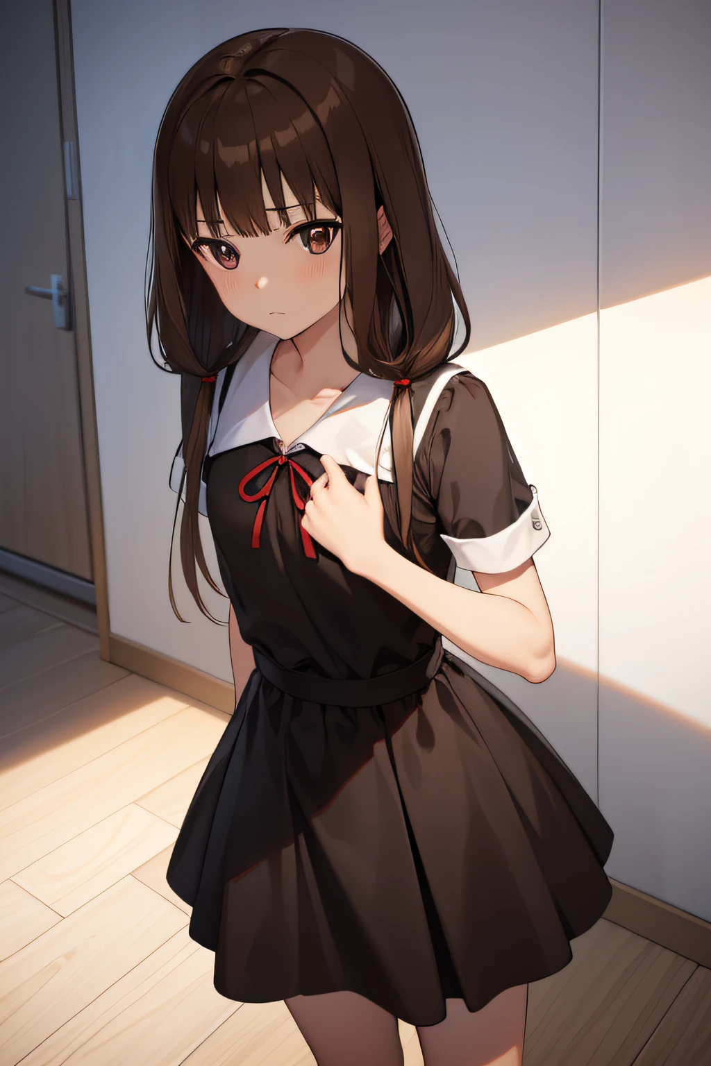 Mykoino, Yoshiko Iino, Blunt bangs, (Brown eyes:1.5), Brown hair, hair tie, Long hair, low twintails, Red Ribbon, bow ribbon, Twin-tailed, (tiny chest:1.2),
BREAK black dress, Dress, pinafore dress, School uniform, Shirt, Short sleeves, Uniform of Shunaiin Gakuen, White shirt, arm band,
BREAK looking at viewer,
Break indoors, crass room,
BREAK (masutepiece:1.2), Best Quality, High resolution, Unity 8k壁纸, (Illustration:0.8), (Beautiful detailed eyes:1.6), extra detailed face, Perfect Lighting, extremely details CG, (Perfect hands, Perfect Anatomy),