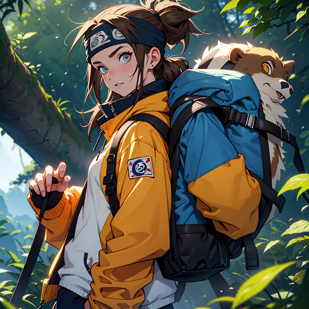 A European looking girl with messy straight brown hair, Handsomer, High quality picture, With Naruto headband With beaver symbol, dark Blue jacket, 4K quality, In the nature, both eyes clear, solo, wearing backpack.
