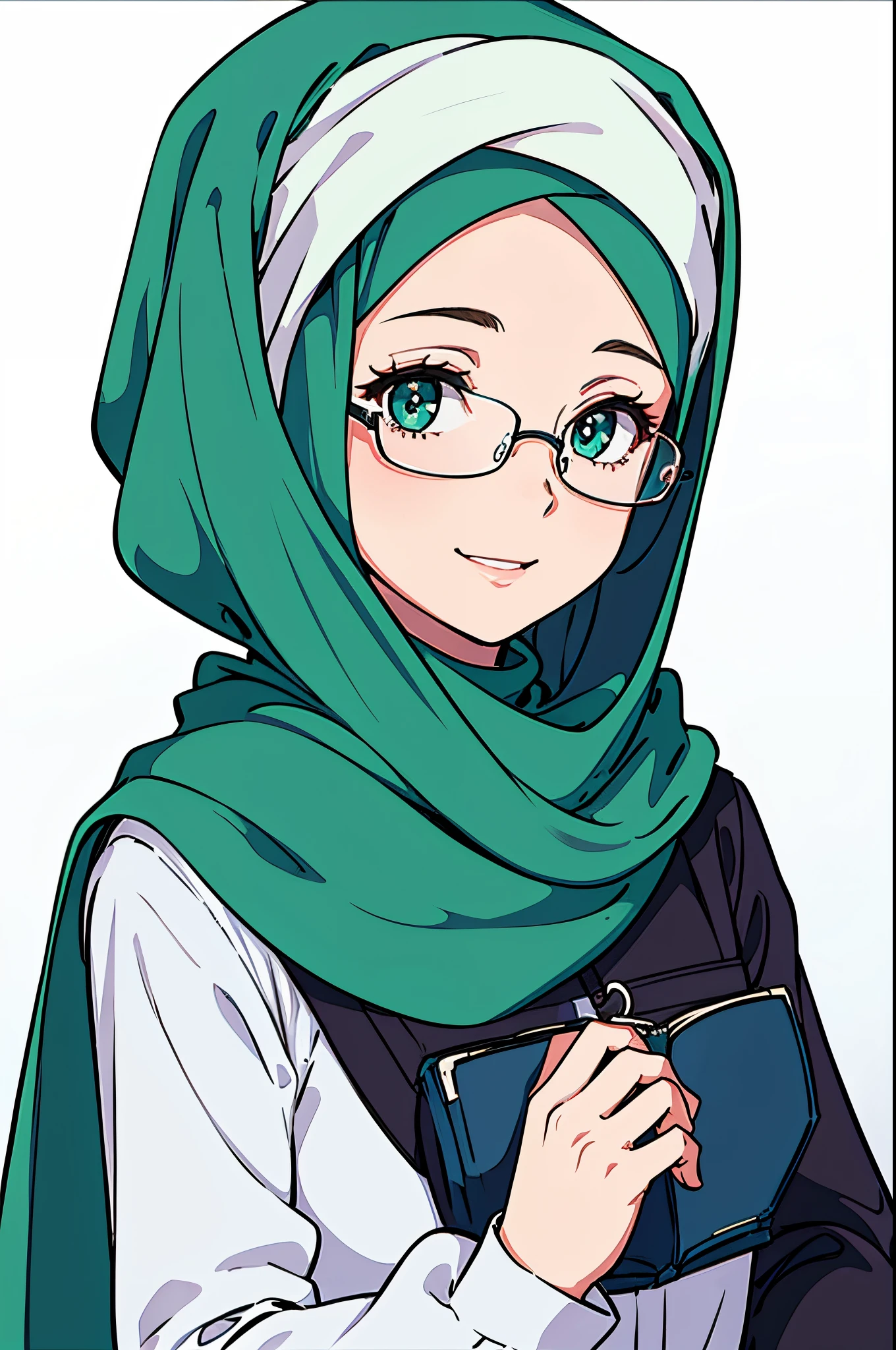 Masterpiece, best quality, highres, 4k, beautiful eyes, beautiful face, soft lighting, high detail, 1girl, wearing headscarf:1.2, wearing hijab:1.2, green headscarf, simple headscarf, light smile, looking at viewer, upper body, wearing glasses:1.2, white simple background:1.3, hand holding glasses