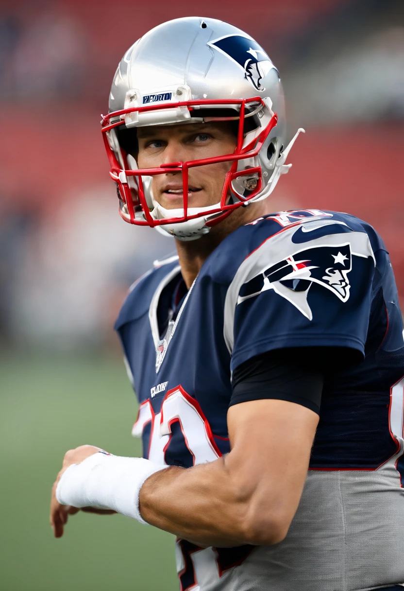 The image is a close-up of Tom Brady in workout gear, leading a team huddle on the football field.,New England Patriots,Tom Brady, the recently retired renowned American football quarterback, is known for his athletic build, standing tall with a lean, yet muscular physique honed from years of rigorous training and play. He often appears clean-cut, with short hair and a well-maintained appearance, reflecting his disciplined and focused nature., male