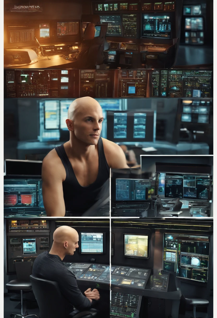 The image is of a high-tech control room with monitors, computers, and staff monitoring the screens.,original,Jonny Sins is the adult film star with a bald head. , male