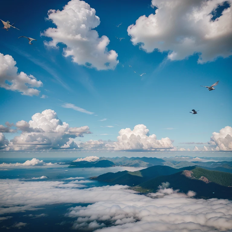 Beautiful blue sky with clouds, birds, e anjos, 8k realista