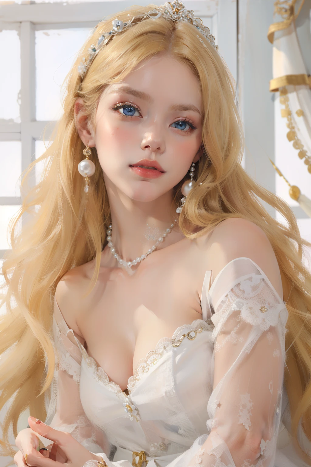 ((Masterpiece)), high quality, super detailed, blonde hair + white clothing: 1.2, sweet and delicate girl, bjd, ta, delicate facial features, perfect figure, face with pearl decoration, surrounding bubbles, bright bright colors, romantic long hair, natural light, warm and sweet, brown eyes, gorgeous hair decoration.