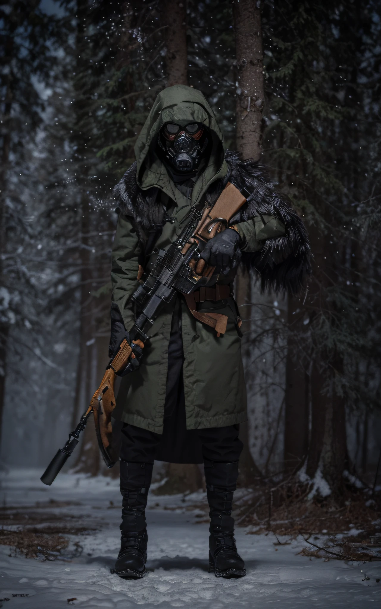 Soldado masculino, mira hacia adelante, gas mask, casco gris, capa con capucha de camuflaje, matte dark red winter soviet style uniform, leather belt with ammunition, botas negras, manos enguantadas, Lleva un rifle de francotirador, se encuentra en el bosque polaco, noche nevada, cielo oscuro, 4k, Imagen ultra detallada, realista, Altamente detallado, perfect composition, splendid, Intrincadamente detallado, Incredibly detailed, 8 k artistic photography, hiper detallado, Obra maestra, Ultra detallado, hiperrealista, 4k, Imagen ultra detallada, realista, Altamente detallado, perfect composition, splendid, Intrincadamente detallado, Incredibly detailed, 8K fine art photography, hiper detallado, Obra maestra