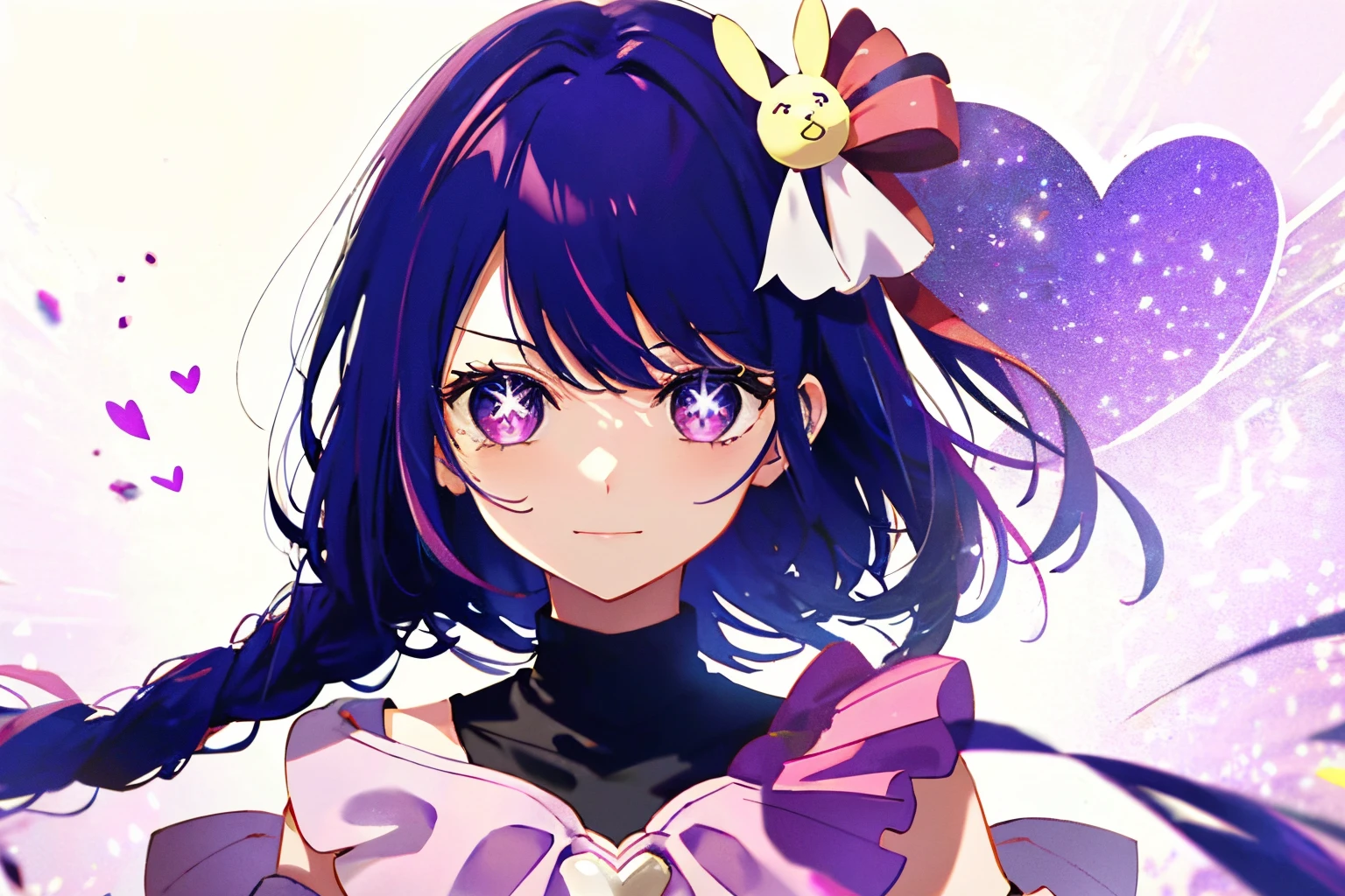 1girl, solo, looking at viewer, smile, bangs, hair ornament, bow, ribbon, holding, bare shoulders, closed mouth, upper body, braid, heart, detached sleeves, wrist cuffs, Star symbol-shaped pupils, heart-shaped pupils, stuffed toy, stuffed animal, bug, purple background, teddy bear, striped bow, holding stuffed toy, purple hair, purple galaxy hair, purple, eyes off shoulder sweater,