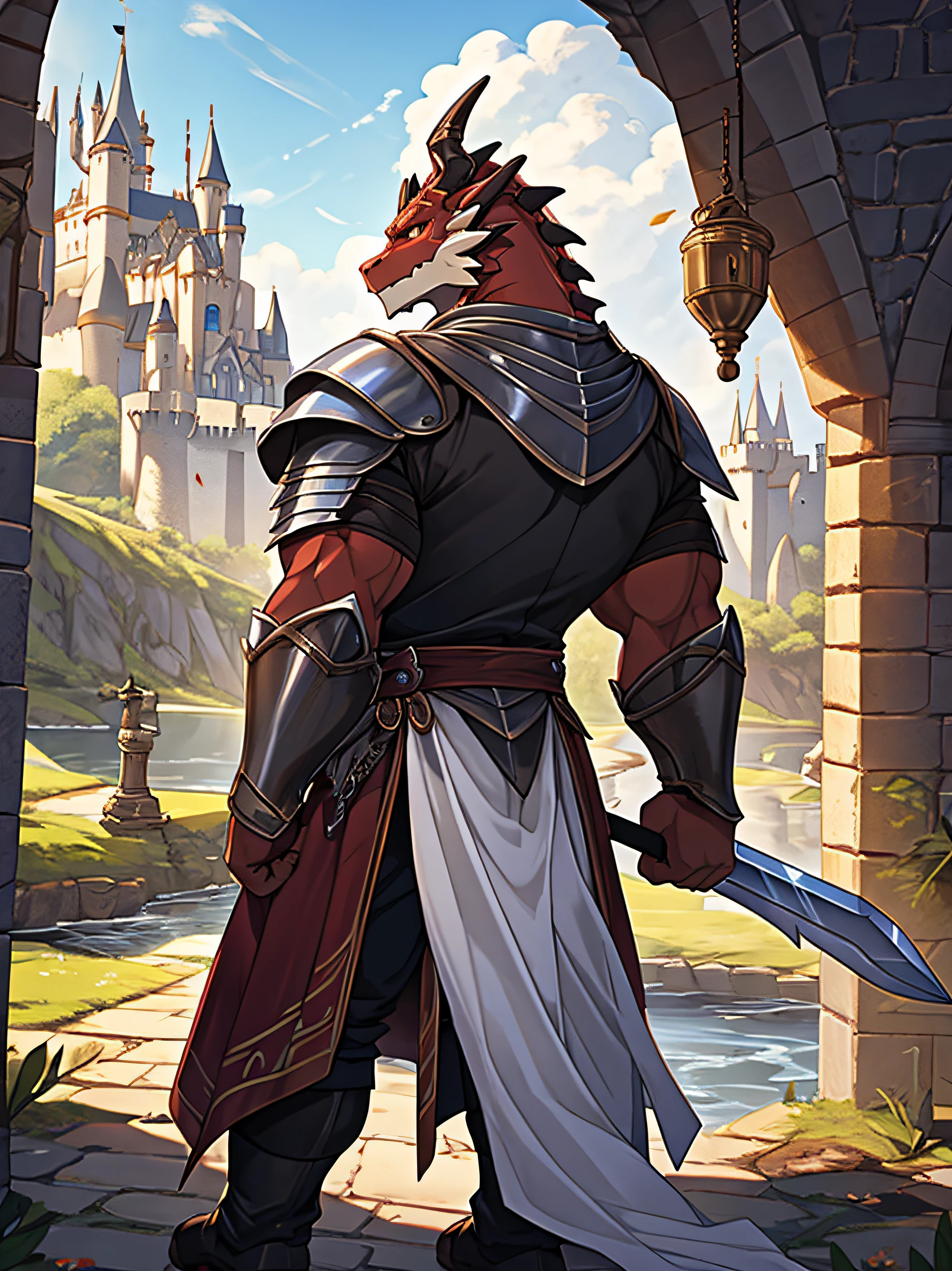 a dragon ,bara ,Dark red skin,golden eyes,wearing a knight's uniform.,muscular,He held a shiny silver sword in his hand..,looking ahead,Organs are hardening.,The organ is large and long..,Behind is a castle..