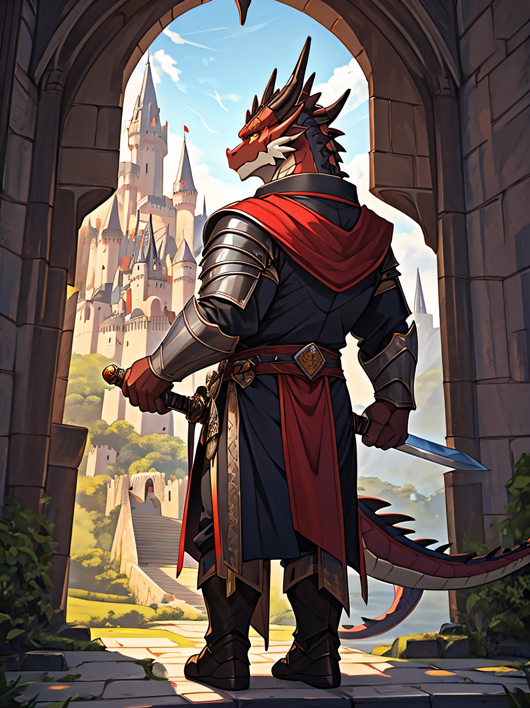 a dragon ,bara ,Dark red skin,golden eyes,wearing a knight&#39;s uniform.,muscular,He held a shiny silver sword in his hand..,looking ahead,Organs are hardening.,The organ is large and long..,Behind is a castle..