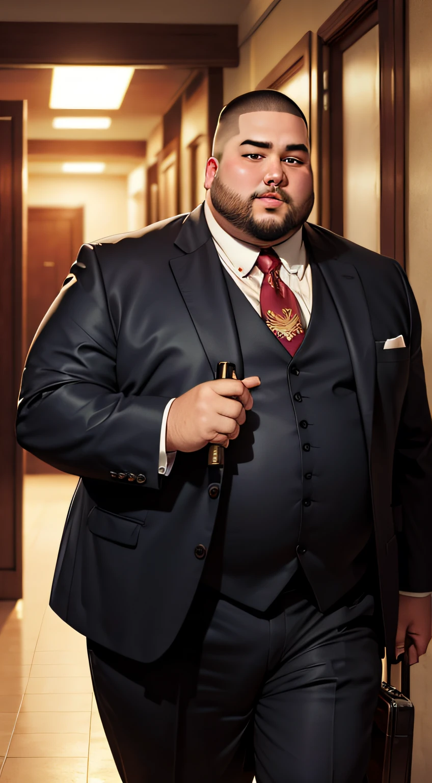 A fat man in a suit with a cigar in his hand and a briefcase full of money