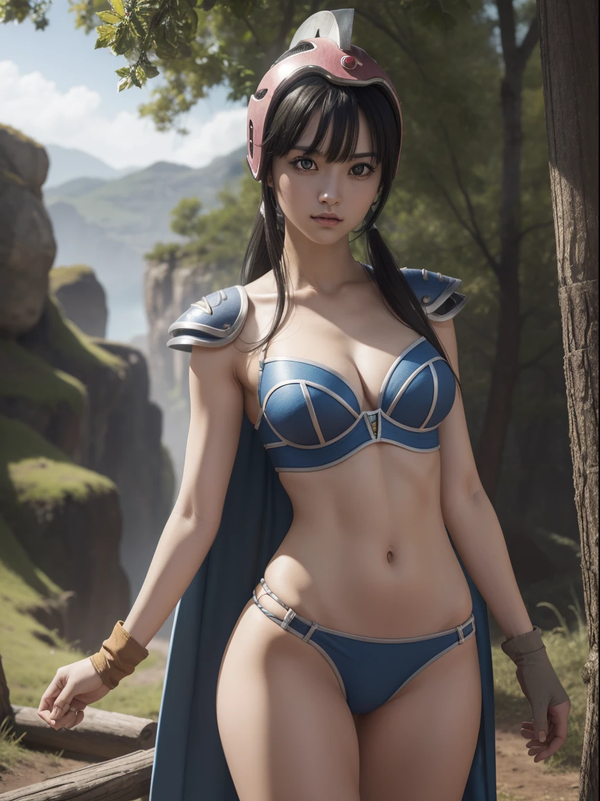 dragonballchichi, chi chi, (black eyes:1.5), black hair, long hair, hime cut, blunt bangs, sidelocks,
BREAK armor, bikini armor, cape, collarbone, gloves, helmet, navel, pauldrons, shoulder armor, cleavage,
BREAK outdoors, nature, forest, cloud, sky, sun,
BREAK turn back, show her butt, (cowboy shot:1.5),
BREAK (masterpiece:1.2), best quality, high resolution, unity 8k wallpaper, (illustration:0.8), (beautiful detailed eyes:1.6), extremely detailed face, perfect lighting, extremely detailed CG, (perfect hands, perfect anatomy),