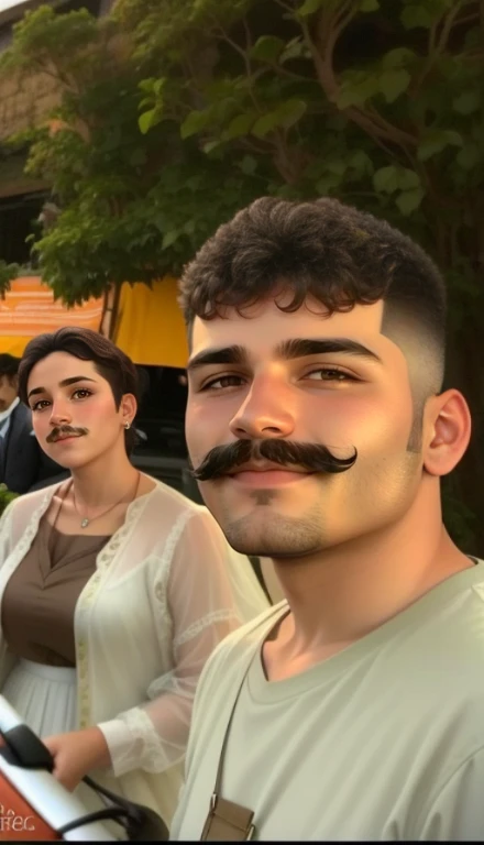 Jovem casal com olhar apaixonado, Moustache and a gradient haircut. Woman is wearing a wedding dress.
