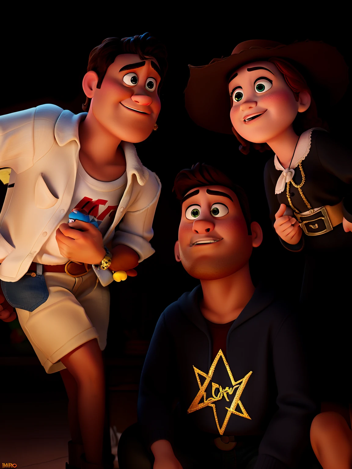 transforme essa foto em um cartaz de filme da disney/pixar tipo toystory com o nome garotos da noite e mantenha a cor dos olhos dos personagens escuros
