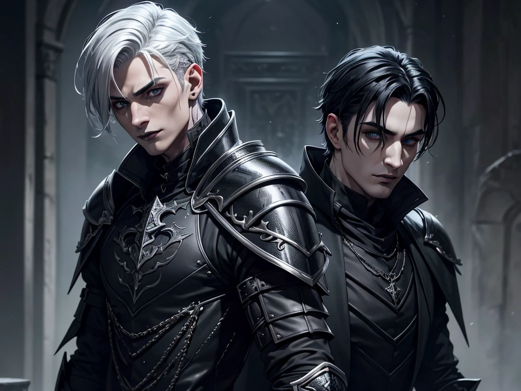 An adult vampire wizard character wearing a very detailed and beautiful gothic armor in black and silver color his hair cut in a short style, black lip color, cor azul dos olhos, manto, capuz, caminhando, 8k, Magnificent, Black and red Gothic armor, capa