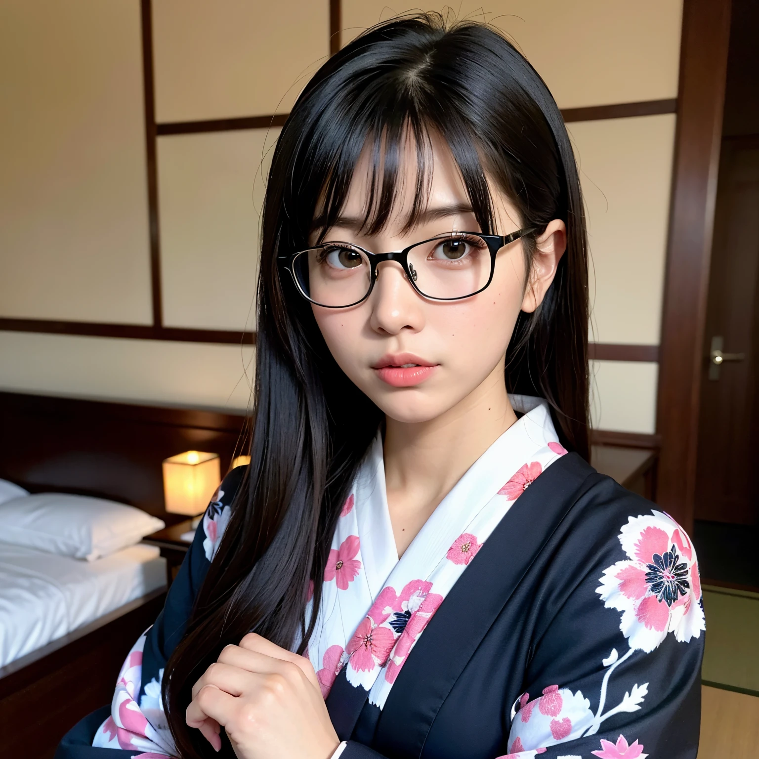 melhor qualidade, master part, ultra-high-resolution, (fotorrealista:1.4), foto crua, Extremamente Detalhes, anatomia perfeita, 1girl, the most popular Japanese model, wearing Japanese KIMONO and glasses with cute design, sitting SEIZA in traditional Japanese,quarto, inclinando-se para a frente, rosto extremamente bonito como o de uma modelo japonesa famosa, incredibly beautiful big black eyes with solid circle, skins realistas muito bonitas, muito lindo preto de cabelo curto, seios grandes muito bonitos, Decote muito bonito, Detailed Japanese KIMONO, detailed glasses with cute design, rosto bonito detalhado, Olhos detalhados, skins realistas detalhadas, detalhado preto com cabelo curto, seios grandes detalhados, clivagem detalhada, detailed japanese traditional bedroom